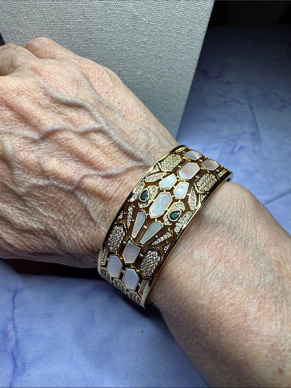 Gold-Tone Snake Cuff Bracelet with White Inlay and Green Stone Eyes - Picture 5 of 8